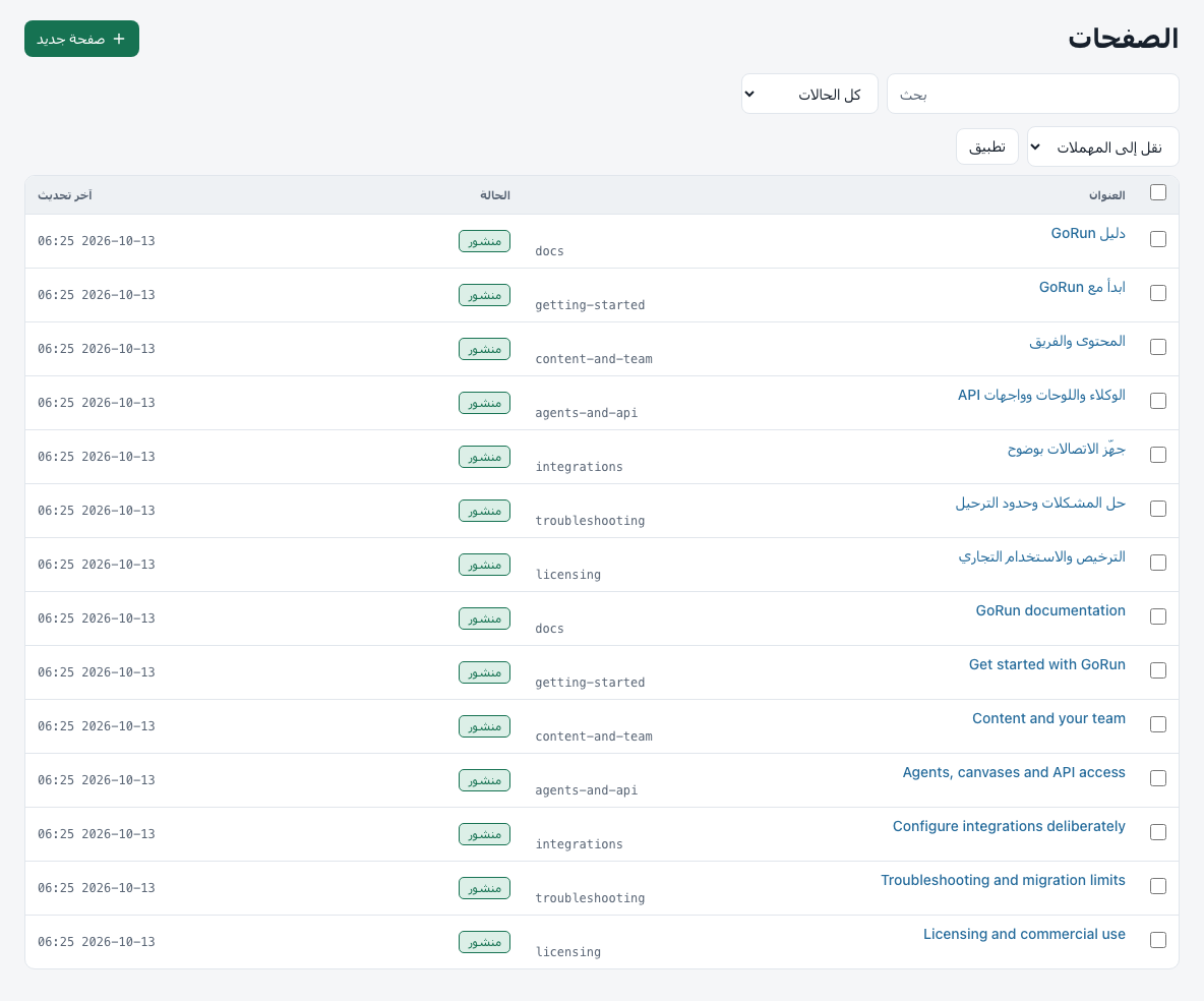 Actual GoRun Arabic administration listing English and Arabic documentation pages.