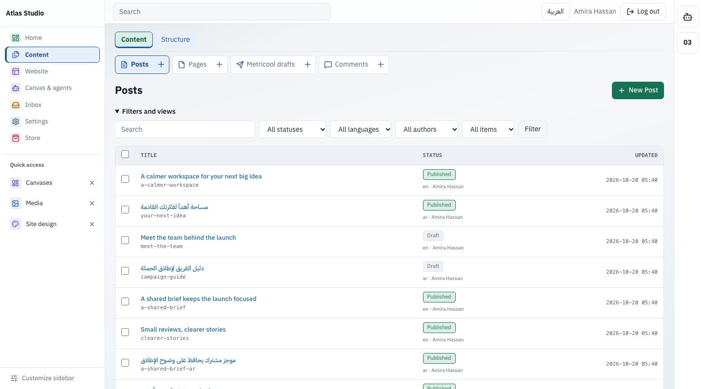 GoRun admin: the pages list with publication status